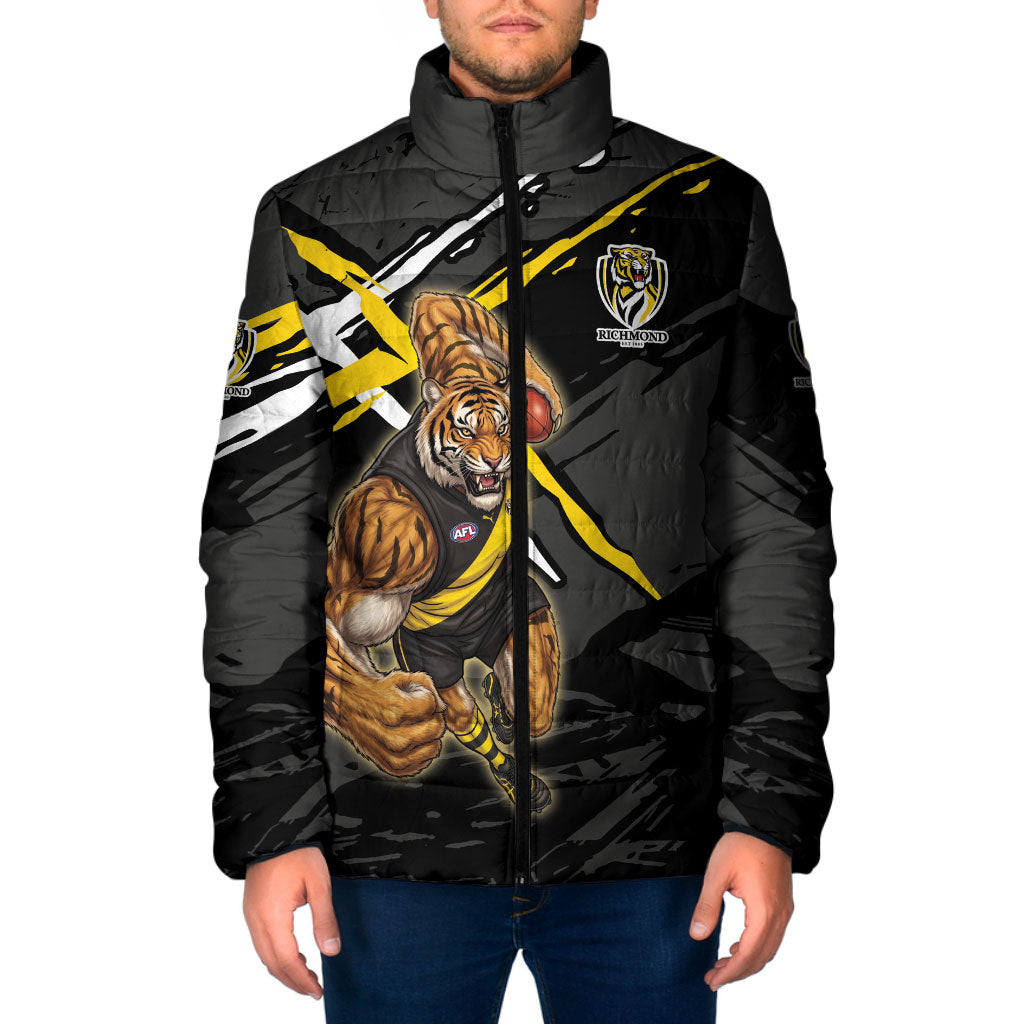 Richmond Football Club Padded Jacket Tigers Muscular Mascot Graphic - Abstract Paint Splatter Art