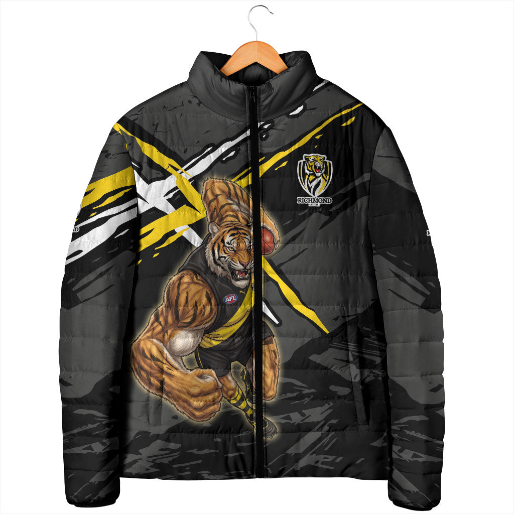 Richmond Football Club Padded Jacket Tigers Muscular Mascot Graphic - Abstract Paint Splatter Art