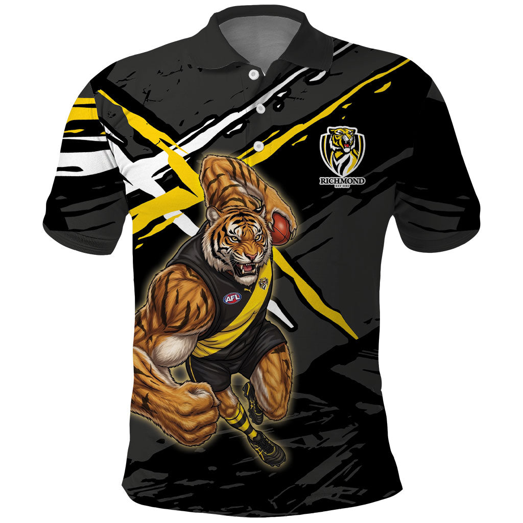 Richmond Football Club Polo Shirt Tigers Muscular Mascot Graphic - Abstract Paint Splatter Art