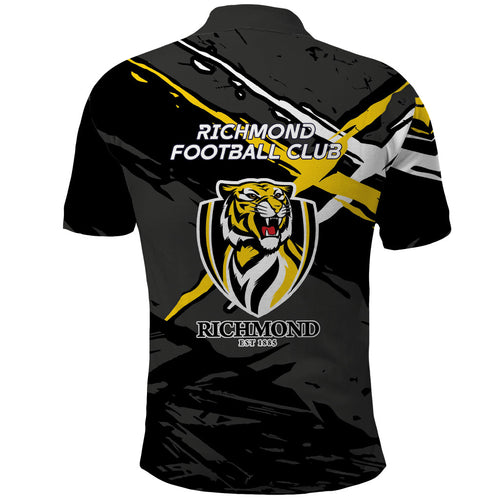 Richmond Football Club Polo Shirt Tigers Muscular Mascot Graphic - Abstract Paint Splatter Art