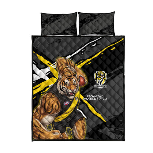 Richmond Football Club Quilt Bed Set Tigers Muscular Mascot Graphic - Abstract Paint Splatter Art