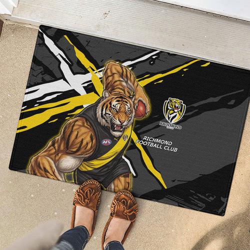 Richmond Football Club Rubber Doormat Tigers Muscular Mascot Graphic - Abstract Paint Splatter Art