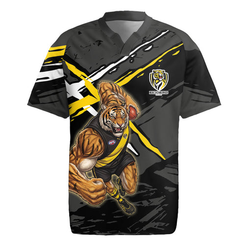 Richmond Football Club Rugby Jersey Tigers Muscular Mascot Graphic - Abstract Paint Splatter Art