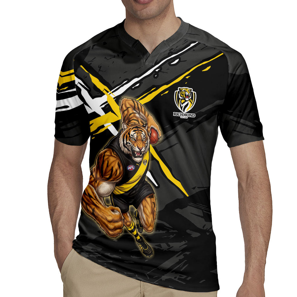 Richmond Football Club Rugby Jersey Tigers Muscular Mascot Graphic - Abstract Paint Splatter Art