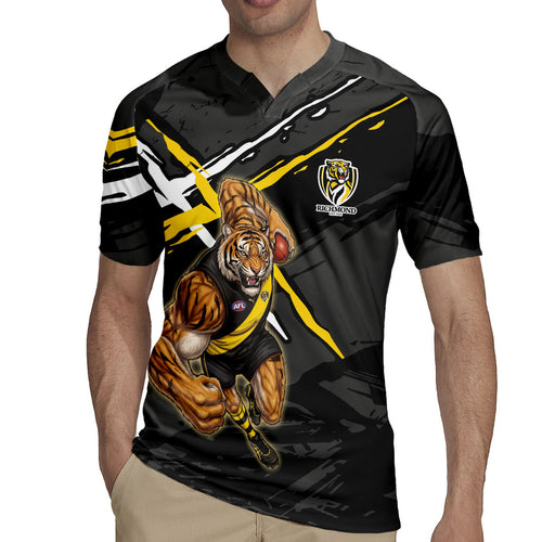 Richmond Football Club Rugby Jersey Tigers Muscular Mascot Graphic - Abstract Paint Splatter Art