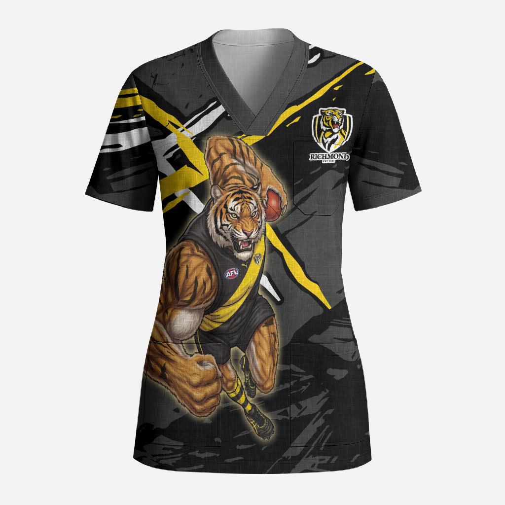 Richmond Football Club Scrub Top Tigers Muscular Mascot Graphic - Abstract Paint Splatter Art