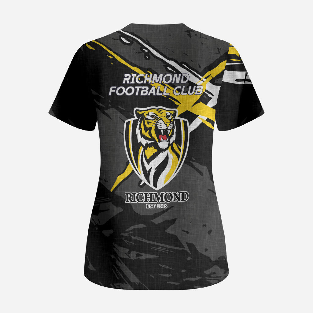 Richmond Football Club Scrub Top Tigers Muscular Mascot Graphic - Abstract Paint Splatter Art