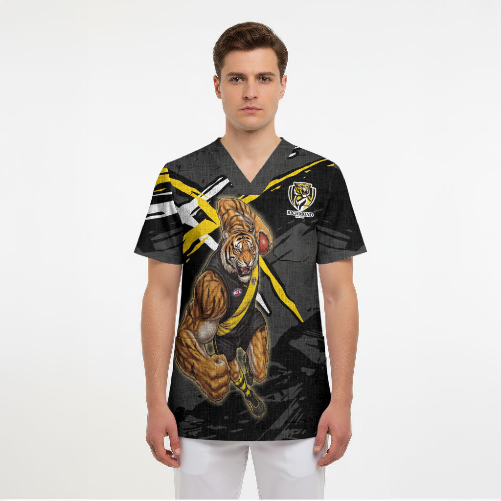 Richmond Football Club Scrub Top Tigers Muscular Mascot Graphic - Abstract Paint Splatter Art