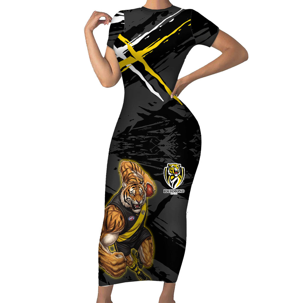 Richmond Football Club Short Sleeve Bodycon Dress Tigers Muscular Mascot Graphic - Abstract Paint Splatter Art