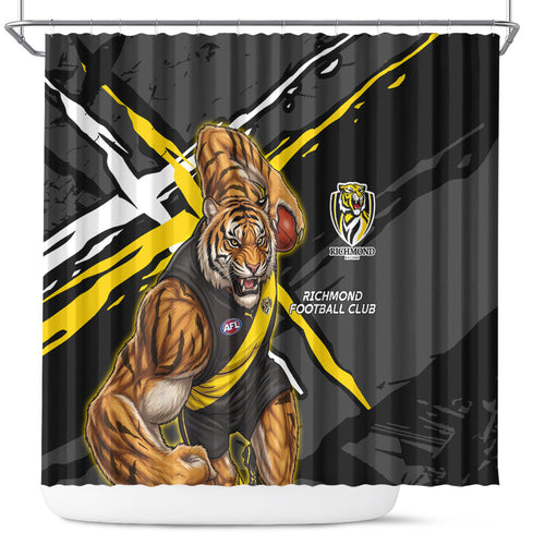 Richmond Football Club Shower Curtain Tigers Muscular Mascot Graphic - Abstract Paint Splatter Art