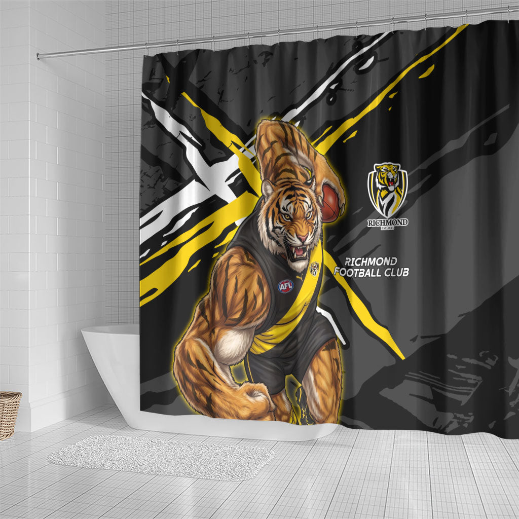Richmond Football Club Shower Curtain Tigers Muscular Mascot Graphic - Abstract Paint Splatter Art