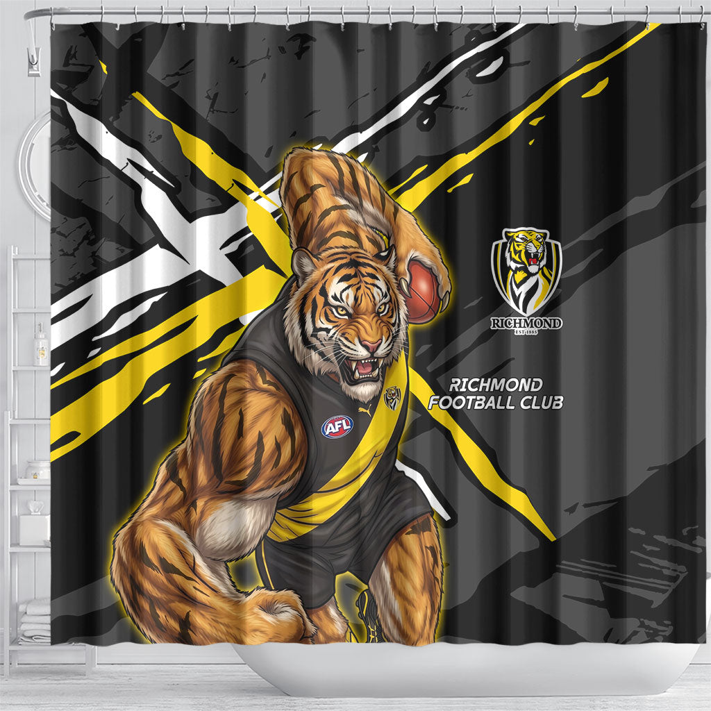 Richmond Football Club Shower Curtain Tigers Muscular Mascot Graphic - Abstract Paint Splatter Art
