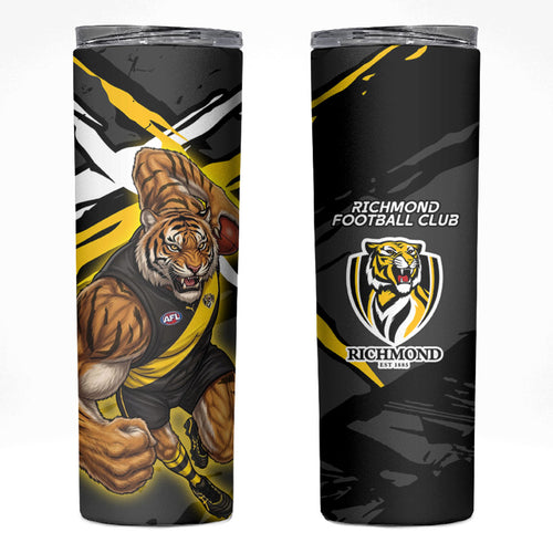 Richmond Football Club Skinny Tumbler Tigers Muscular Mascot Graphic - Abstract Paint Splatter Art