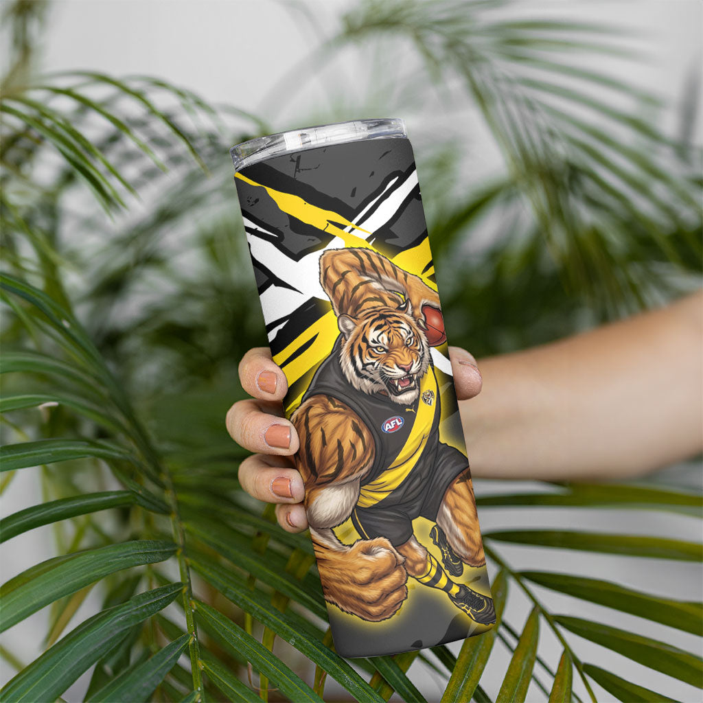 Richmond Football Club Skinny Tumbler Tigers Muscular Mascot Graphic - Abstract Paint Splatter Art