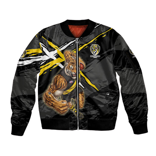 Richmond Football Club Sleeve Zip Bomber Jacket Tigers Muscular Mascot Graphic - Abstract Paint Splatter Art