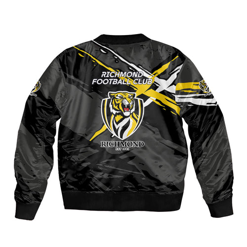 Richmond Football Club Sleeve Zip Bomber Jacket Tigers Muscular Mascot Graphic - Abstract Paint Splatter Art