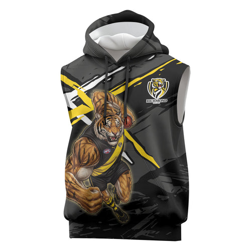 Richmond Football Club Sleeveless Hoodie Tigers Muscular Mascot Graphic - Abstract Paint Splatter Art