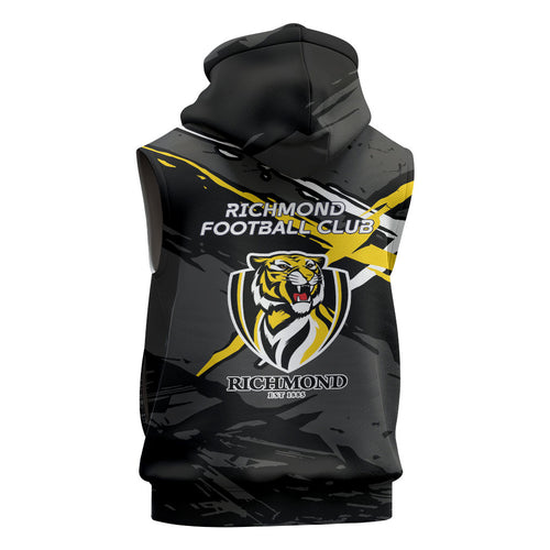 Richmond Football Club Sleeveless Hoodie Tigers Muscular Mascot Graphic - Abstract Paint Splatter Art