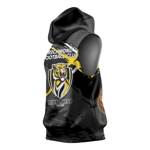 Richmond Football Club Sleeveless Hoodie Tigers Muscular Mascot Graphic - Abstract Paint Splatter Art