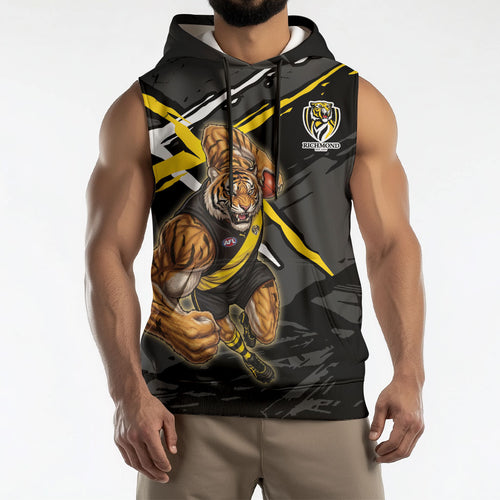 Richmond Football Club Sleeveless Hoodie Tigers Muscular Mascot Graphic - Abstract Paint Splatter Art
