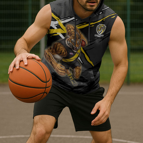Richmond Football Club Sleeveless Hoodie Tigers Muscular Mascot Graphic - Abstract Paint Splatter Art