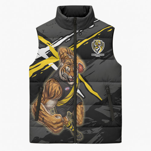 Richmond Football Club Sleeveless Puffer Jacket Tigers Muscular Mascot Graphic - Abstract Paint Splatter Art