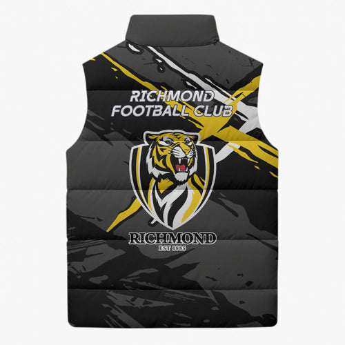 Richmond Football Club Sleeveless Puffer Jacket Tigers Muscular Mascot Graphic - Abstract Paint Splatter Art