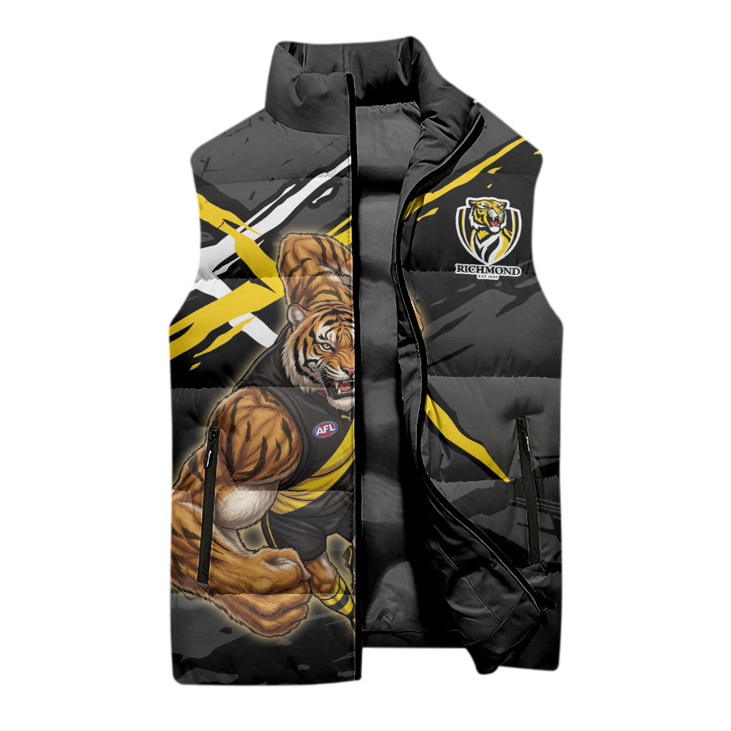 Richmond Football Club Sleeveless Puffer Jacket Tigers Muscular Mascot Graphic - Abstract Paint Splatter Art