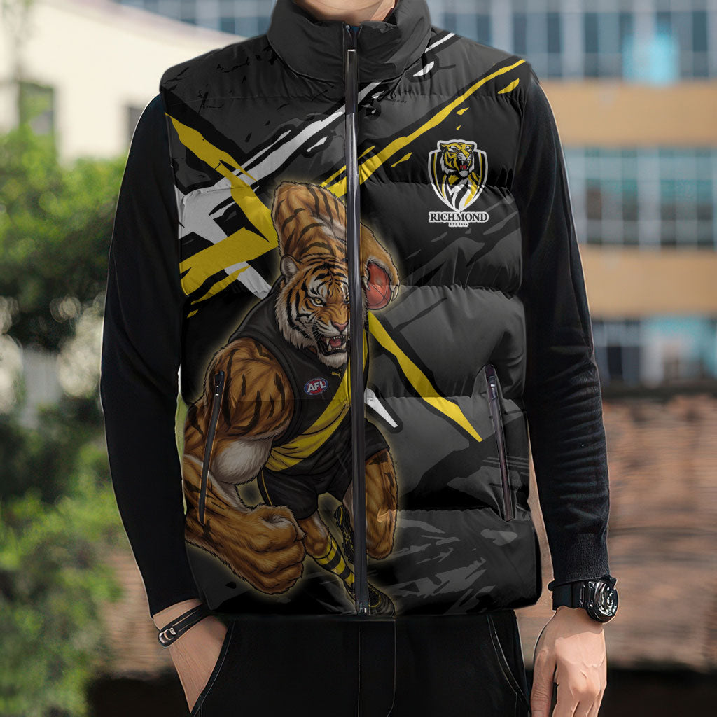 Richmond Football Club Sleeveless Puffer Jacket Tigers Muscular Mascot Graphic - Abstract Paint Splatter Art