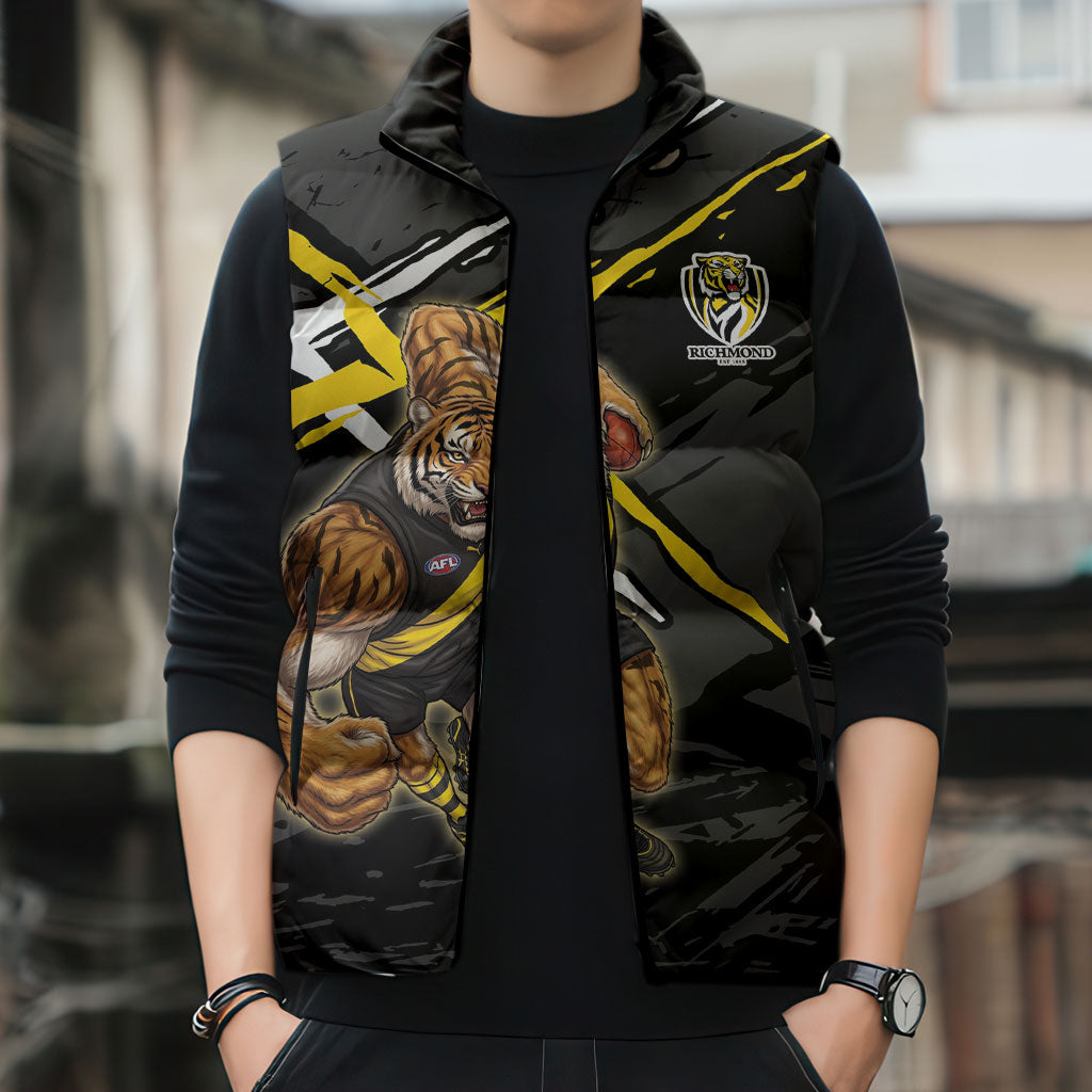 Richmond Football Club Sleeveless Puffer Jacket Tigers Muscular Mascot Graphic - Abstract Paint Splatter Art