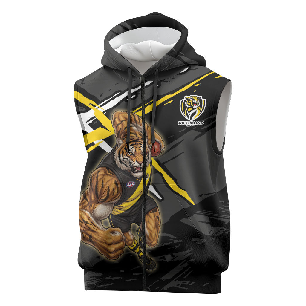 Richmond Football Club Sleeveless Zip Hoodie Tigers Muscular Mascot Graphic - Abstract Paint Splatter Art