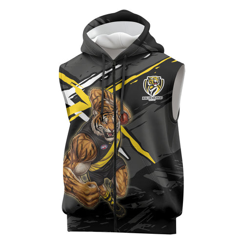 Richmond Football Club Sleeveless Zip Hoodie Tigers Muscular Mascot Graphic - Abstract Paint Splatter Art