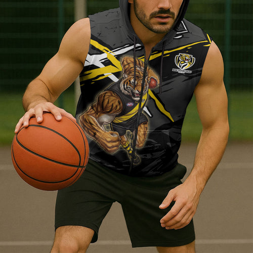 Richmond Football Club Sleeveless Zip Hoodie Tigers Muscular Mascot Graphic - Abstract Paint Splatter Art