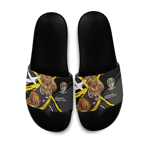 Richmond Football Club Slide Sandals Tigers Muscular Mascot Graphic - Abstract Paint Splatter Art