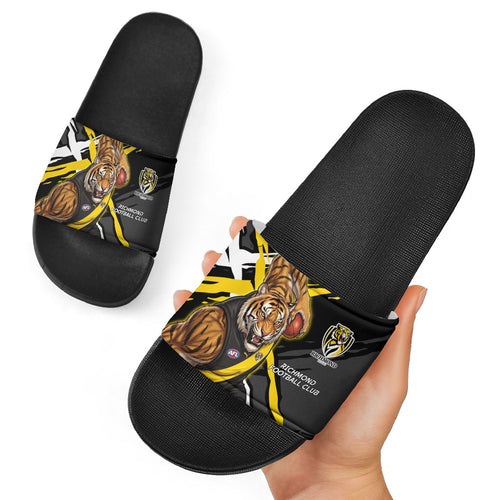Richmond Football Club Slide Sandals Tigers Muscular Mascot Graphic - Abstract Paint Splatter Art
