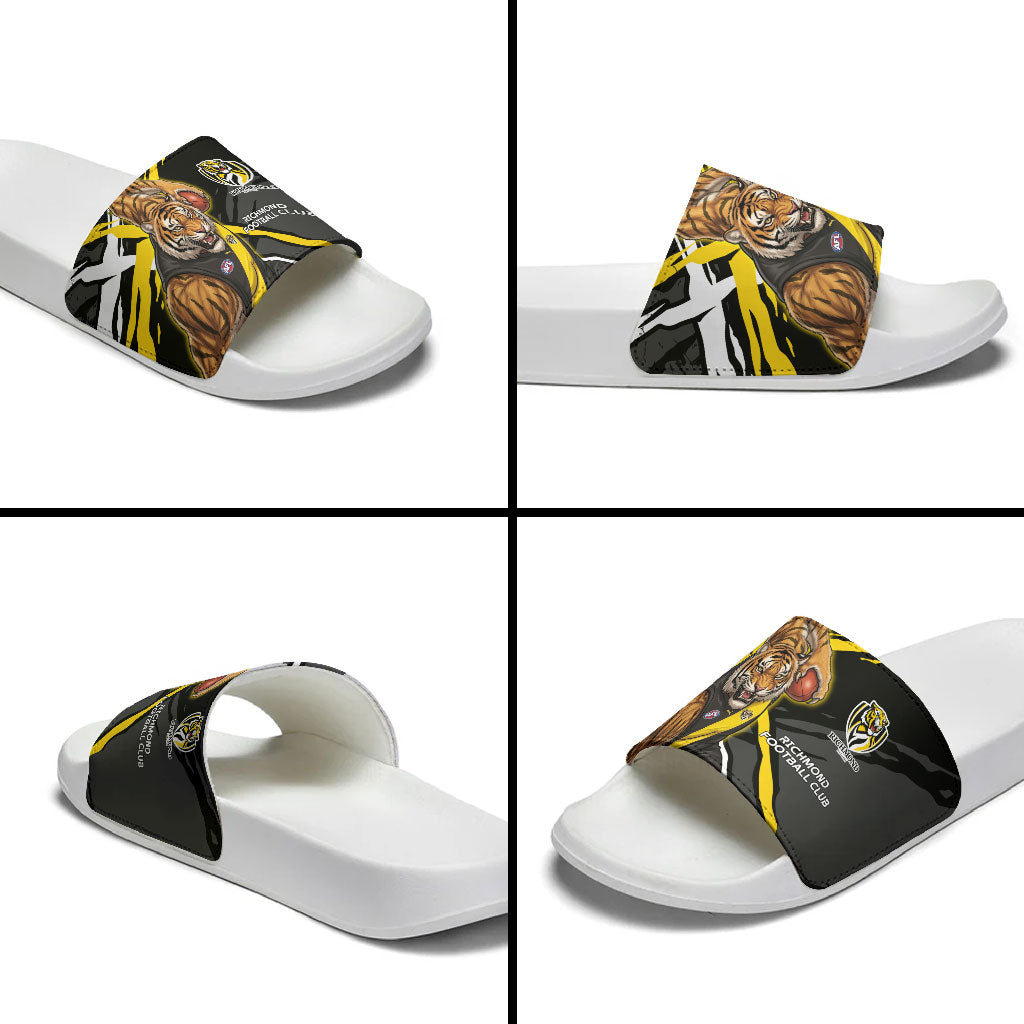 Richmond Football Club Slide Sandals Tigers Muscular Mascot Graphic - Abstract Paint Splatter Art