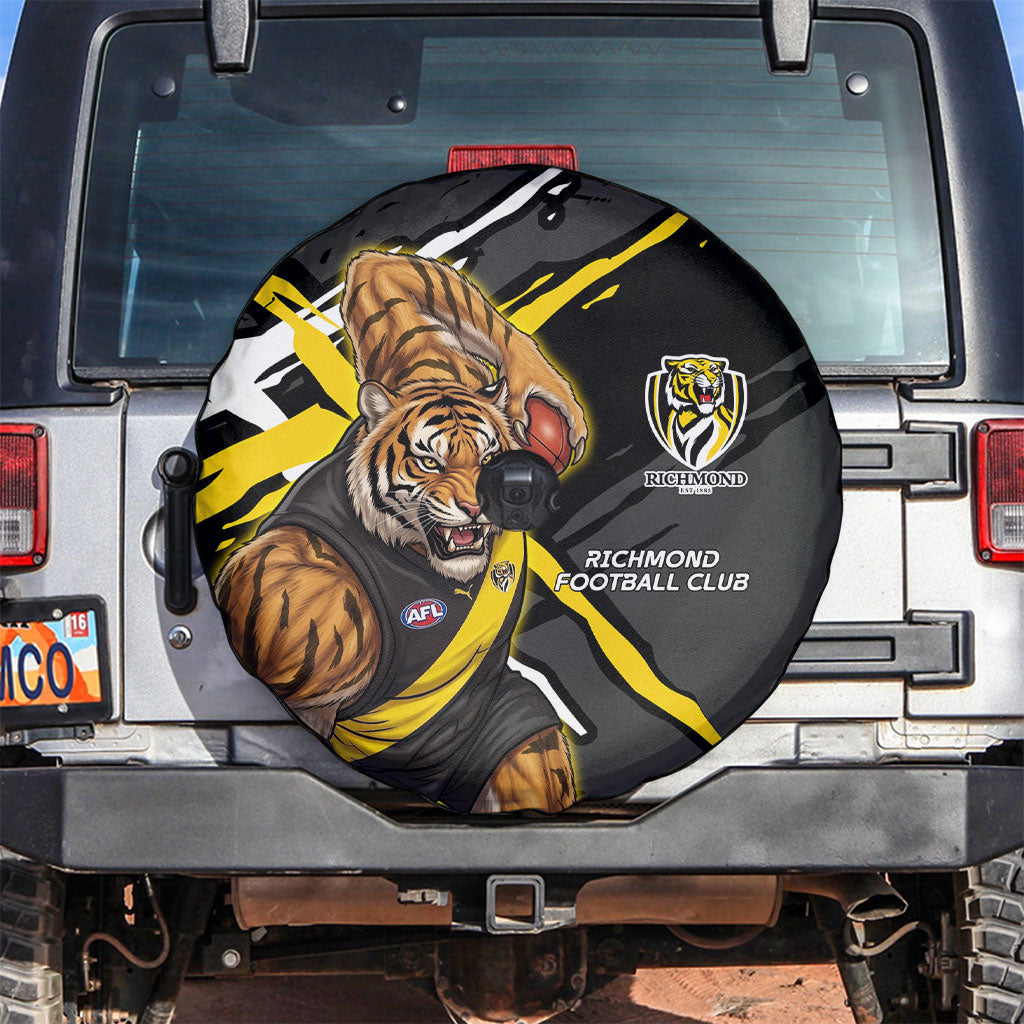 Richmond Football Club Spare Tire Cover Tigers Muscular Mascot Graphic - Abstract Paint Splatter Art