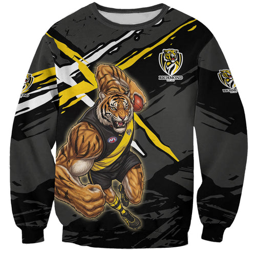 Richmond Football Club Sweatshirt Tigers Muscular Mascot Graphic - Abstract Paint Splatter Art