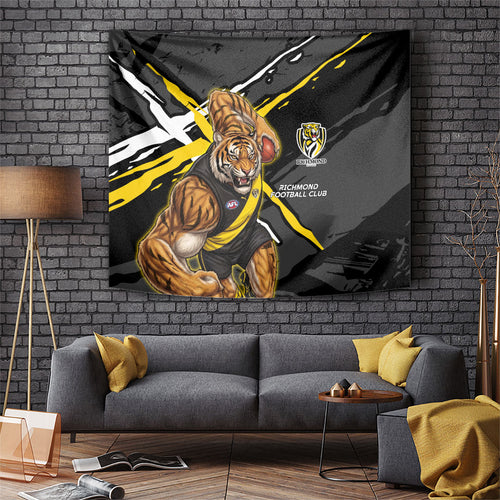 Richmond Football Club Tapestry Tigers Muscular Mascot Graphic - Abstract Paint Splatter Art