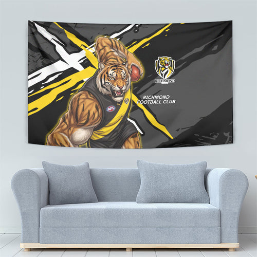 Richmond Football Club Tapestry Tigers Muscular Mascot Graphic - Abstract Paint Splatter Art