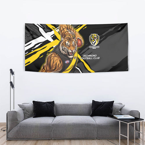 Richmond Football Club Tapestry Tigers Muscular Mascot Graphic - Abstract Paint Splatter Art
