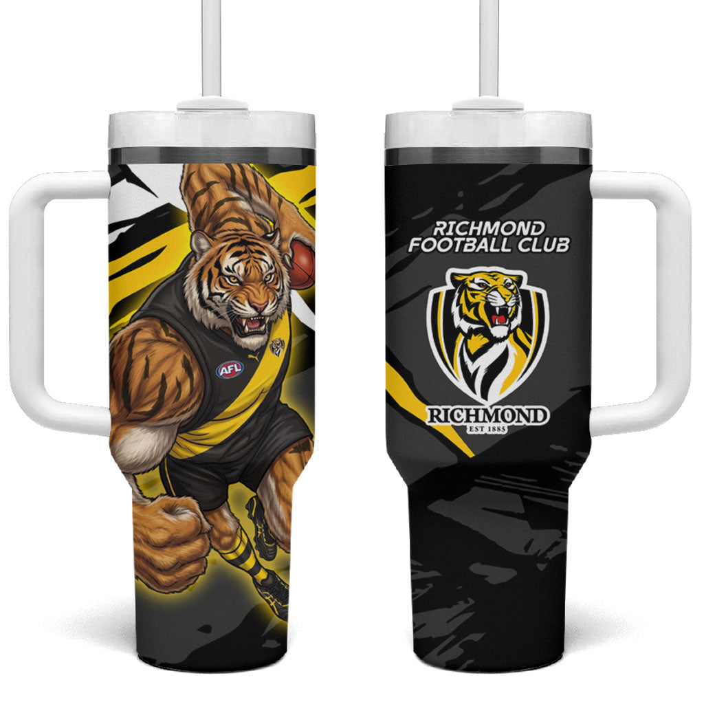 Richmond Football Club Tumbler With Handle Tigers Muscular Mascot Graphic - Abstract Paint Splatter Art