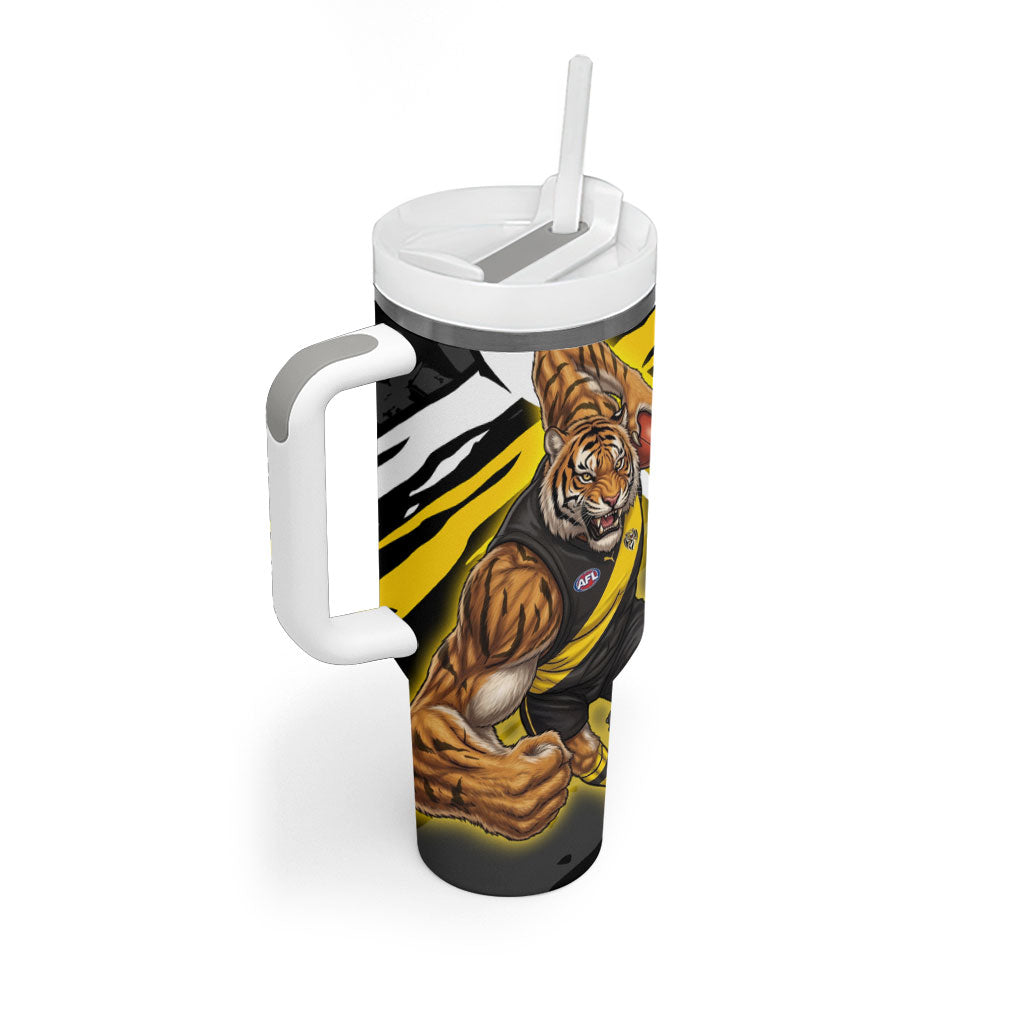 Richmond Football Club Tumbler With Handle Tigers Muscular Mascot Graphic - Abstract Paint Splatter Art