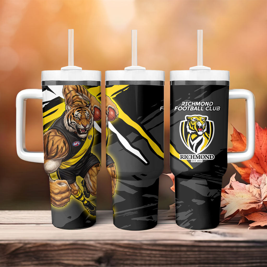 Richmond Football Club Tumbler With Handle Tigers Muscular Mascot Graphic - Abstract Paint Splatter Art