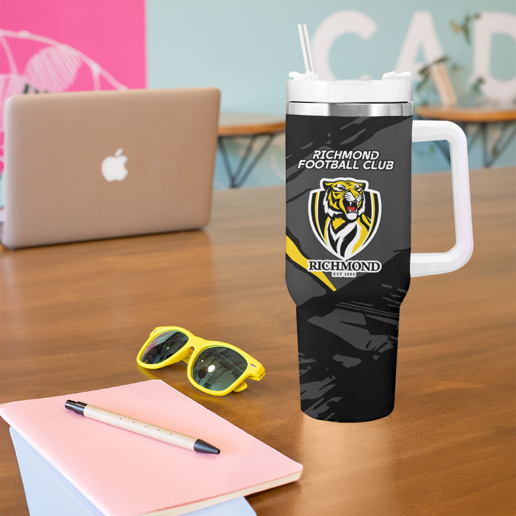 Richmond Football Club Tumbler With Handle Tigers Muscular Mascot Graphic - Abstract Paint Splatter Art