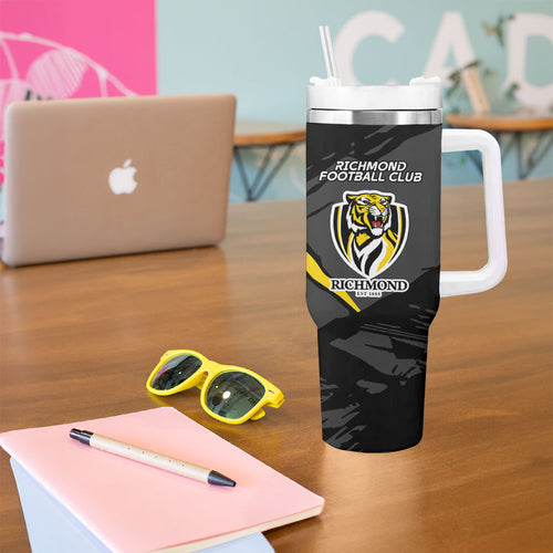 Richmond Football Club Tumbler With Handle Tigers Muscular Mascot Graphic - Abstract Paint Splatter Art