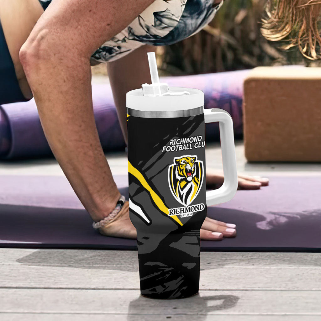 Richmond Football Club Tumbler With Handle Tigers Muscular Mascot Graphic - Abstract Paint Splatter Art