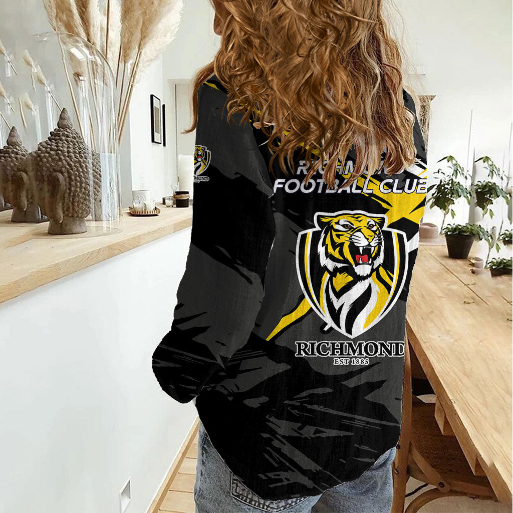 Richmond Football Club Women Casual Shirt Tigers Muscular Mascot Graphic - Abstract Paint Splatter Art