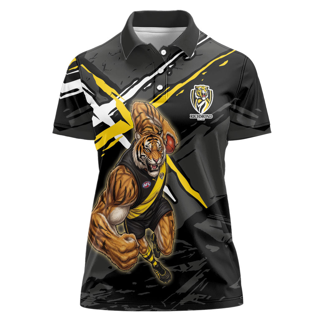 Richmond Football Club Women Polo Shirt Tigers Muscular Mascot Graphic - Abstract Paint Splatter Art