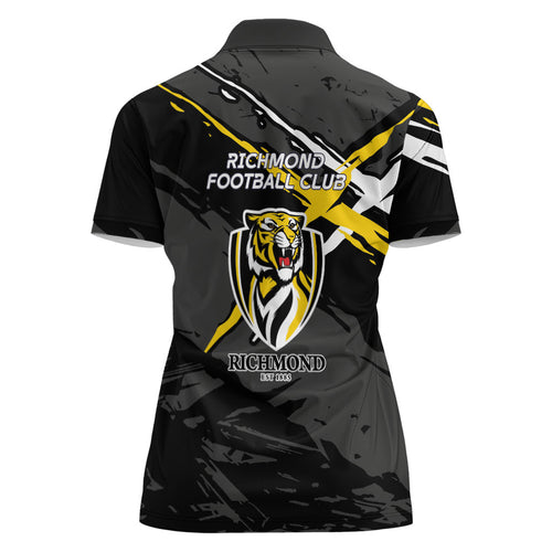 Richmond Football Club Women Polo Shirt Tigers Muscular Mascot Graphic - Abstract Paint Splatter Art